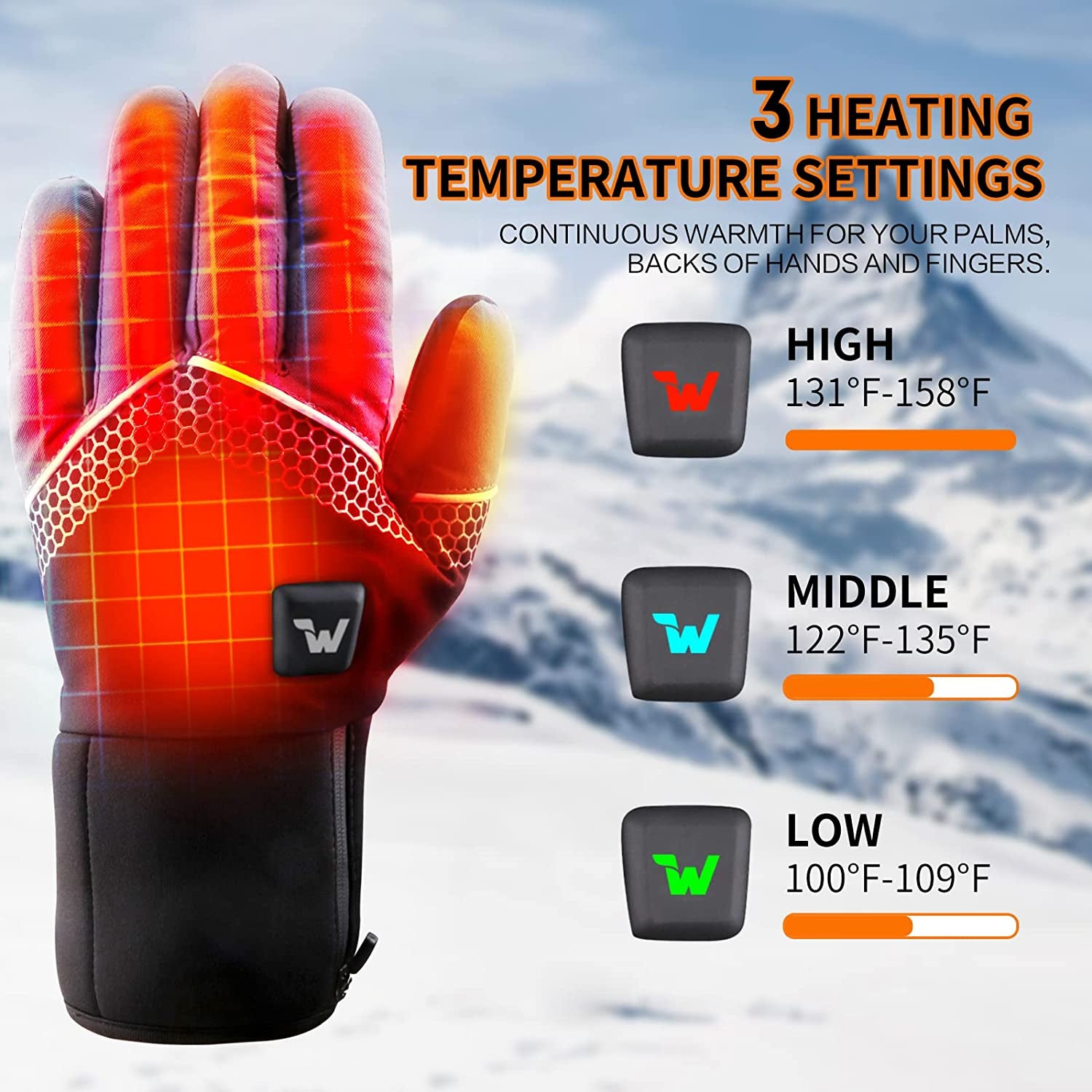 Electric Heated Gloves for Men Women with 3 Heating Levels Heated Gloves Touchscreen Waterproof Skiing Snowboarding Gloves