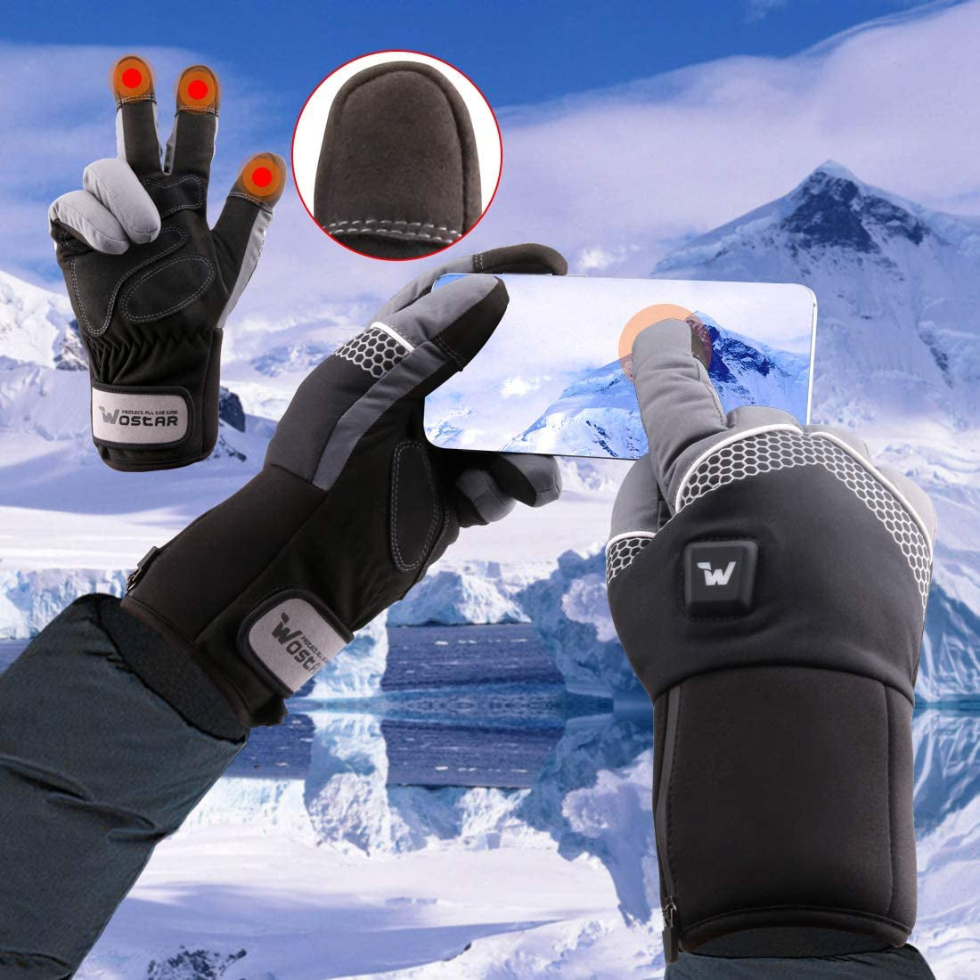 Electric Heated Gloves for Men Women with 3 Heating Levels Heated Gloves Touchscreen Waterproof Skiing Snowboarding Gloves