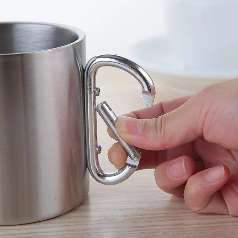 220/300/450Ml Camping Travel Stainless Steel Cup Carabiner Hook Handle Picnic Water Mug Outdoor Travel Hike Cup