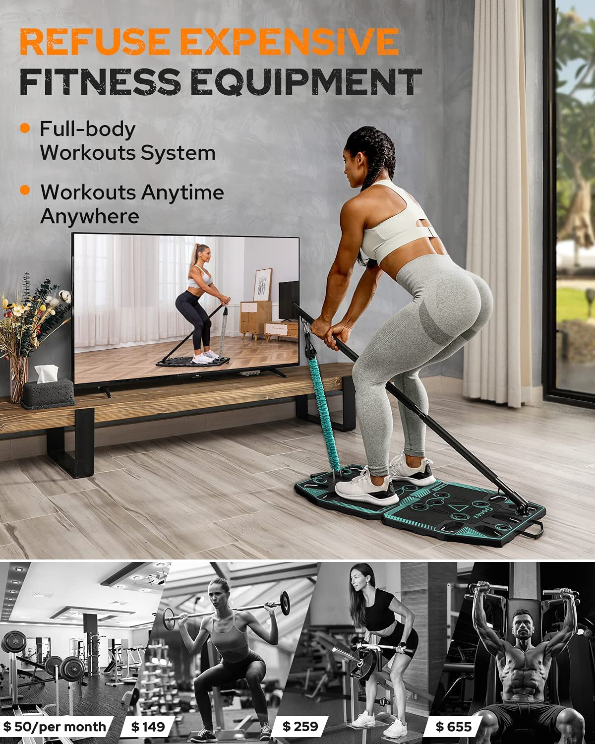 Portable Home Gym Workout Equipment with 14 Exercise Accessories Ab Roller Wheel,Elastic Resistance Bands,Push-Up Stand,Post Landmine Sleeve and More for Full Body Workouts System